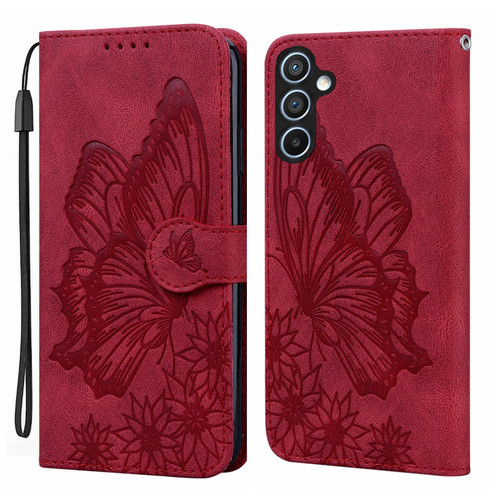 Samsung Galaxy A16 5G Retro Skin Feel Butterflies Embossing Horizontal Flip Leather Phone Case - Red